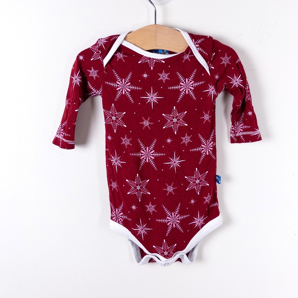 KicKee Pants Bodysuit Baby‎ 3-6M Red Snowflake Long Sleeve Bamboo Holiday